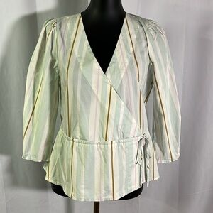 A New Day Pastel Striped Faux Wrap Cotton Blouse